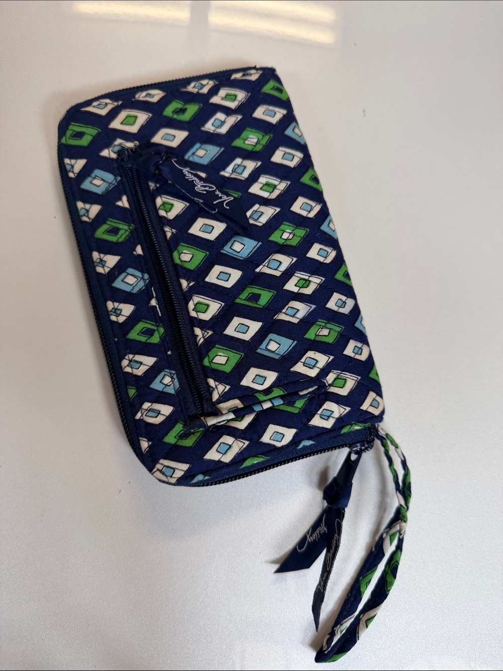Vera Bradley Navy Quilted Zip Wallet with Green & Light Blue Geometric Print